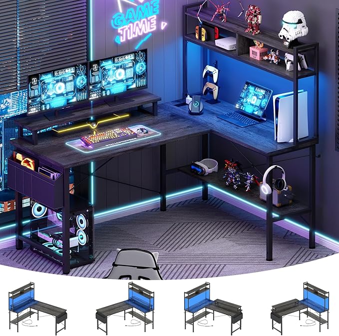 Aheaplus L Shaped Gaming Desk with Power Outlets & LED Lights, Small L- Shaped Desk Computer Corner Desk with Monitor Stand & Storage Shelf, Home Office Desk Writing Desk with Storage Bag, Grey Oak