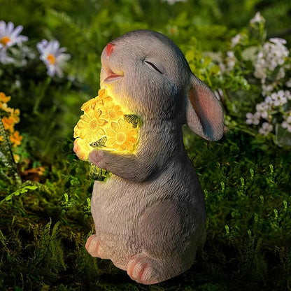 Solar Rabbit Garden Statues Outdoor Easter Bunny Decor Resin Rabbit Figurine Holding Sunflower with LED Lights for Proch Patio Lawn Yard Christmas Birthday Gardening Gifts for Mom Women