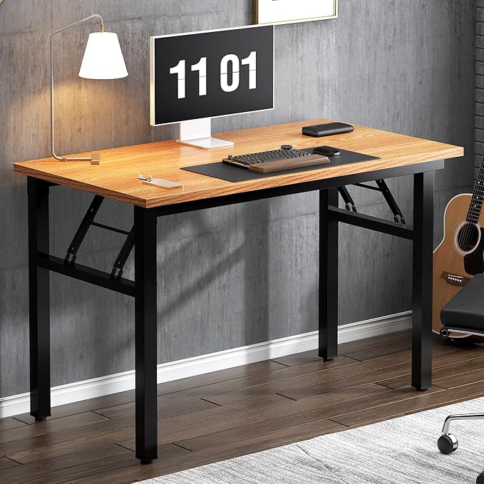 SDHYL 39 inchesNo Assembly Foldable Computer Desk for Home Office Workstation, Study and Writing, Teak Board and Black Leg