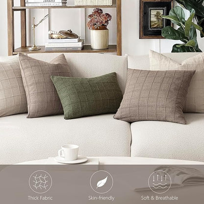 Foindtower Set of 2 Decorative Linen Check Throw Pillow Covers Neutral Farmhouse Vintage Cushion Covers Modern Boho Home Decor for Sofa Chair Couch Bedroom Living Room Outdoor,18×18 Inch,Tan Taupe