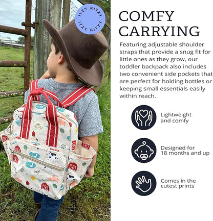 Itzy Ritzy Toddler Backpack - Daycare Bag - Features Adjustable Shoulder Straps, 2 Side Pockets & Spacious Interior with Wipeable Fabric Lining & Name Label, Farm Backpack