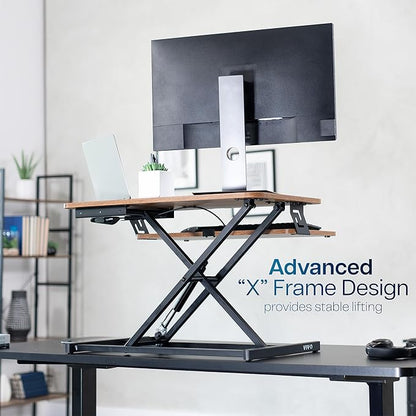 VIVO Height Adjustable 32 inch Stand Up Desk Converter, Quick Sit to Stand Tabletop Dual Monitor Riser Workstation, Rustic Vintage Brown Desktop, Black Frame, DESK-V000SN