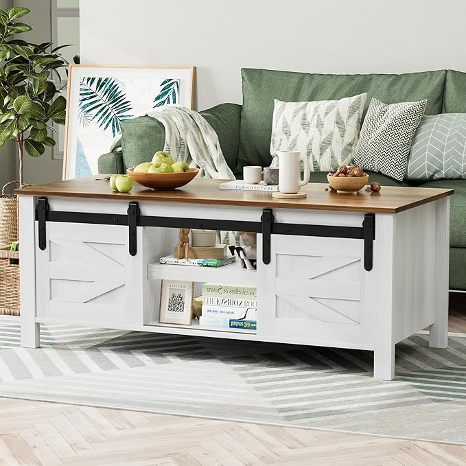 YESHOMY Coffee Table with Sliding Barn Doors & Storage, Wooden Center Rectangular Cabinet with Adjustable Shelves, for Livingroom, Bedroom, Home Office, White
