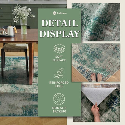 Lahome Modern Abstract Area Rugs 3x5 Washable Rug, Throw Rugs for Bedroom Low Pile Anti Slip, Distressed Accent Carpet for Entryway Kitchen Bathroom Laundry Front Door, Green/Grey