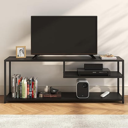 TECHMILLY Modern TV Stand for 55" TV, TV Table with Storage Shelves, Entertainment Center with Metal Frame, TV Console Table for Living Room, Bedroom, Black