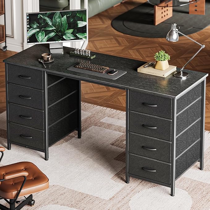 Huuger 55 Inch Computer Desk with 8 Fabric Drawers, Office Desk Work Desk for Home Office, Study, Gaming Desk with Drawers, Large Storage, Black