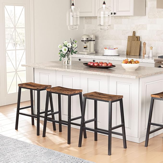 HOOBRO Bar Stools, Set of 2 Bar Chairs, 23.6 Inch Saddle Stools, Kitchen Counter Seat with Footrests, Industrial Barstools for Dining Room, Kitchen, Counter, Rustic Brown and Black BF02MD01