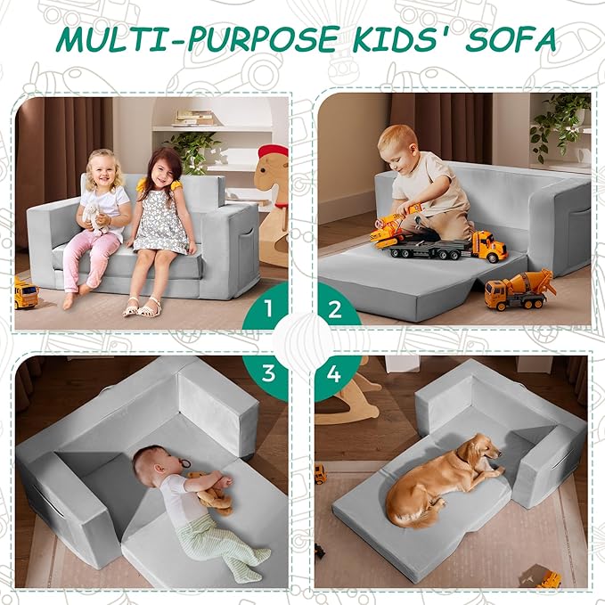 Kids Couch, 2-in-1 Toddler Chair Comfy 1-3 Years, Convertible Kids Chair, Toddler Couch That Fold Out, Kid Lounge Chairs for Boys and Girls, Soft Coral Fleece, Double, Grey
