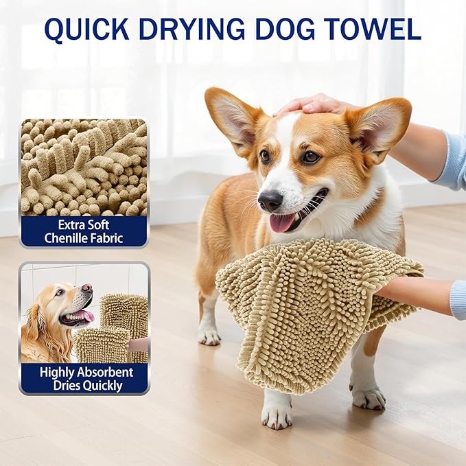 OLANLY Chenille Dog Bath Towel 31x13, Ultra Absorbent Quick Dry Pet Towel, Extra Soft Washable Plush Towel for Large Dogs & Puppies, Indoor Outdoor Use, Beige