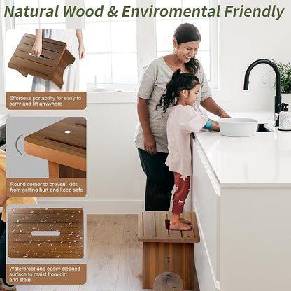 Wooden Step Stool for Adults, 9" Portable Wood Step Stool for Kids, Heavy Duty One Step Bedside Stool with 550 Lbs Load Capacity, Non-Slip White Foot Stool for Kitchen Bathroom Bedroom