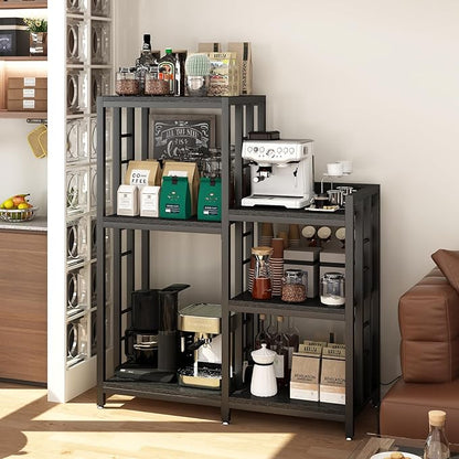 6-Tier Adjustable Mini Fridge Cabinet With Power Outlet,Kitchen Bakers Rack With storage,Mini Fridge And Microwave Stand,Coffee Bar, Free Standing Shelf for Kitchen, Home Office,Balcony,Black