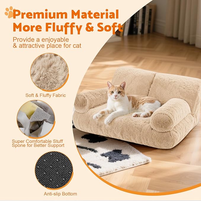 Gimars Upgrade Large Cat Bed for Indoor Cats -Added 10% More Stuff Sponge, Orthopedic Pet Couch Beds with Bolstered Edges, Fluffy Washable & Removable Cover, Anti Slip Base,Teak Milk Color