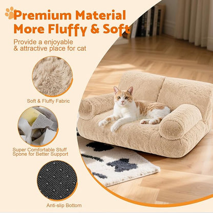 Gimars Upgrade Large Cat Bed for Indoor Cats -Added 10% More Stuff Sponge, Orthopedic Pet Couch Beds with Bolstered Edges, Fluffy Washable & Removable Cover, Anti Slip Base,Teak Milk Color