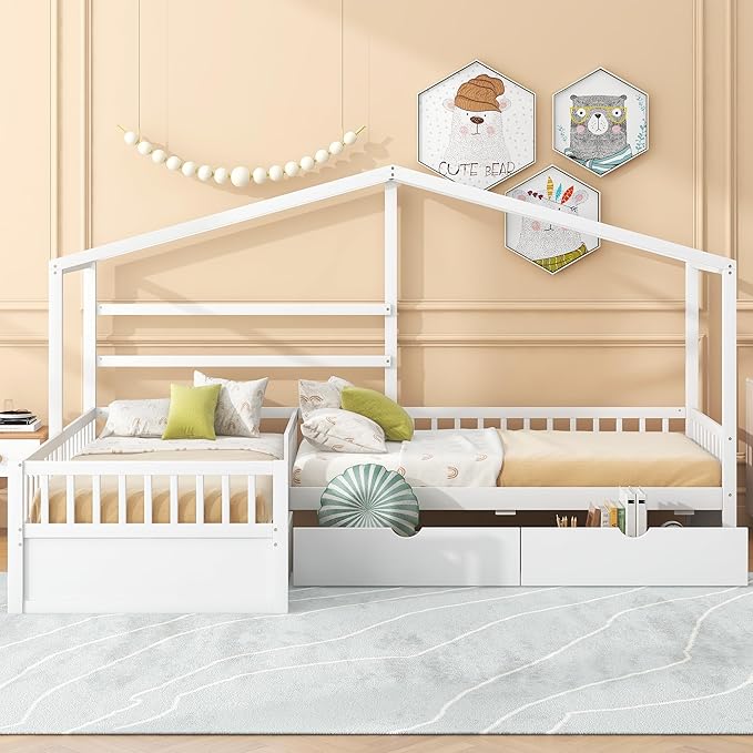 Twin Size House Platform Bed with Three Storage Drawers,Double Shared-Bed,2 in 1 Bed,L-Shaped Platform Bed for Boys Girls Shared Beds,Perfect complement to Any Small Space,White