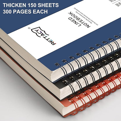 RETTACY Spiral College Ruled Notebook, 300 Pages, A4 Large Size (8.2" x 11.2"), for School, Work, Writing, Journaling, 100 GSM Thick Paper, Flexible Plastic Cover (Navy Blue)