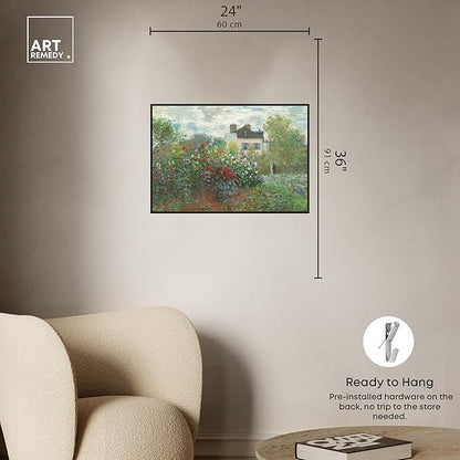 Art Remedy Monet-Garden With Dahlias Impressionism Classic Landscape Paintings Canvas Wall Art, Black Floater Frame, 24"x36"