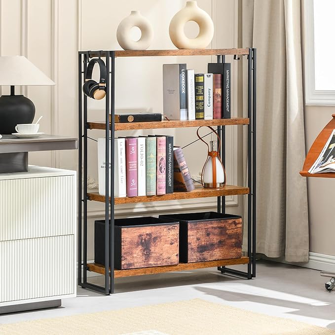 HCHQHS Bookshelf, 4-Tier Industrial Bookcase, Rustic Open Book Shelf, Freestanding Tall Bookshelves with Metal Frame
