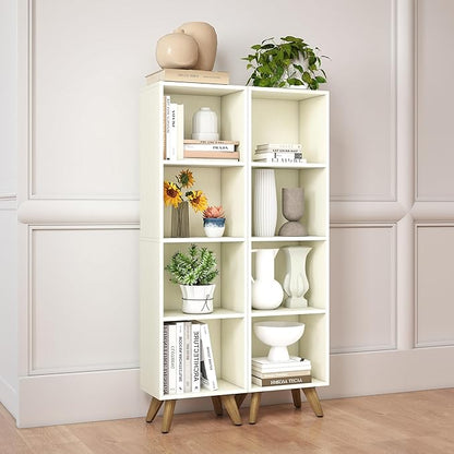 Manora Small Bookcase with 4 Open Shelves, Modern White Bookshelf with Wooden Legs, Narrow Storage Organizer for Living Room, Bedroom, Office