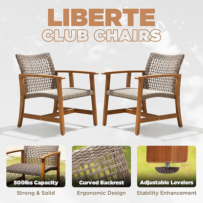 Idzo Liberte Accent Chairs Set of 2, 500lbs Weight Support, Acacia Wood, FSC Teak Finish, UV Protected, Dynamic Gray Wicker, Ideal for patios and Gardens