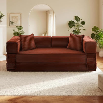 Sectional Boneless Couch Convertible Sofa Bed, 78'' Modular Sectional Sleeper Sofa with Removable Armrests & 3 Pillows, Small Floor Couch No Assembly Needed for Living Room, Office, Bedroom, Orange