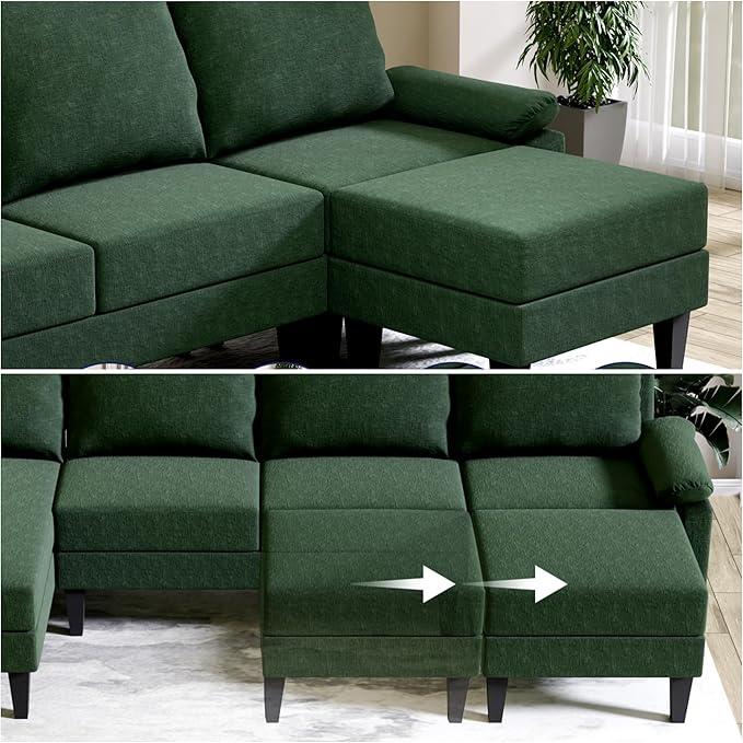110 Inch U Shaped Sectional Couch with Storage Space, 6-Seat Sofa with Moveable Ottoman, Modern Modular Sofa for Living Room, Apartment, Green
