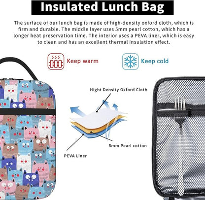 Cute Colorful Cats Insulated Lunch Bag,Kids Lunch Box For Girls Boys Teen,Kid Lunch Box Containers Cooler Bag With Front Pocket For Women Men,Reusable Lunch Tote Bag Lunchbox For School/Work/Picnic