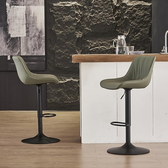 YOUNIKE Bar Stools Set of 2 for Kitchen Island, Olive Green Swivel Tall Bar Stools, Faux Leather Padded Barstools with Back, Modern Counter Height Bar Chairs with 300LBS Support