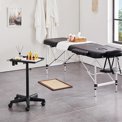 Yaheetech Rolling Salon Tray - Aluminum Trolley Cart Equipment on Wheels & Adjustable Height Mobile Beauty Salon Spa Stools Service Instrument Storage Tray w/Accessory Caddy - Black