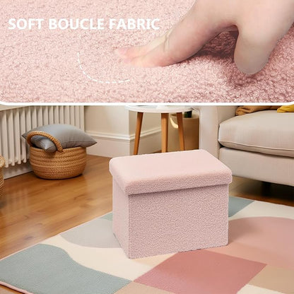 16.5 Folding Storage Ottoman Cube - Small Footrest with Sherpa Top, Multi-Functional Storage for Bedroom, Living Room, Pink