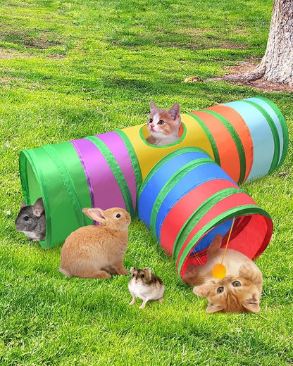 Bissap Rabbit Tunnel, 9.8'' Collapsible Bunny Tunnel and Tube 3 Ways Pet Hideout with 1 Play Ball for Indoor Kittens Dwarf Rabbit Bunny Guinea Pig Chinchilla Small Animal Activity Fun Toy (Rainbow)