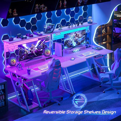 Gaming Computer Desk with Power Outlets, Gaming Desk with Hutch and LED Lights, Reversible PC Gaming Desk with Pegboard, Carbon Fiber Pink, 47"