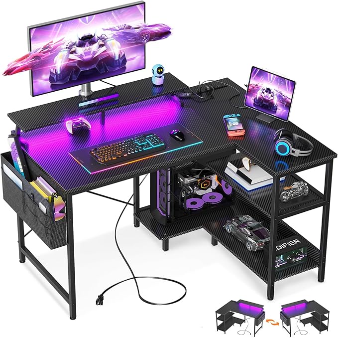 ODK 40 Inch Gaming Desk with USB Power Outlets and LED Lights, Reversible L Shaped Computer Desk with Storage Shelves & Monitor Stand, Corner Home Office Desk Table, Carbon Fiber Surface, Black