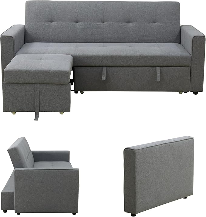 77 Inch Convertible Pull Out Sofa Bed, Sleeper Couch with Fluffy Fabric, 3 Seat Living Room Sofa Set with Adjustable Backrest for Living Room, Bedroom, Apartment, Grey