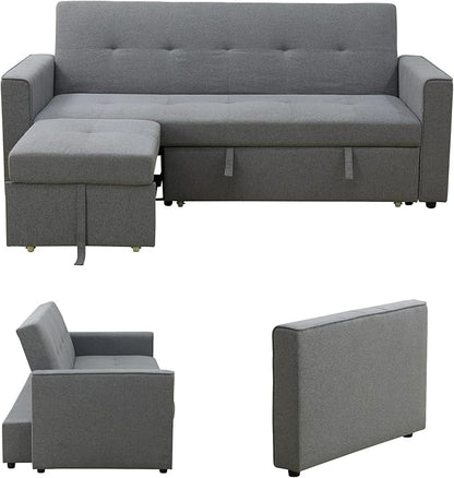 77 Inch Convertible Pull Out Sofa Bed, Sleeper Couch with Fluffy Fabric, 3 Seat Living Room Sofa Set with Adjustable Backrest for Living Room, Bedroom, Apartment, Grey