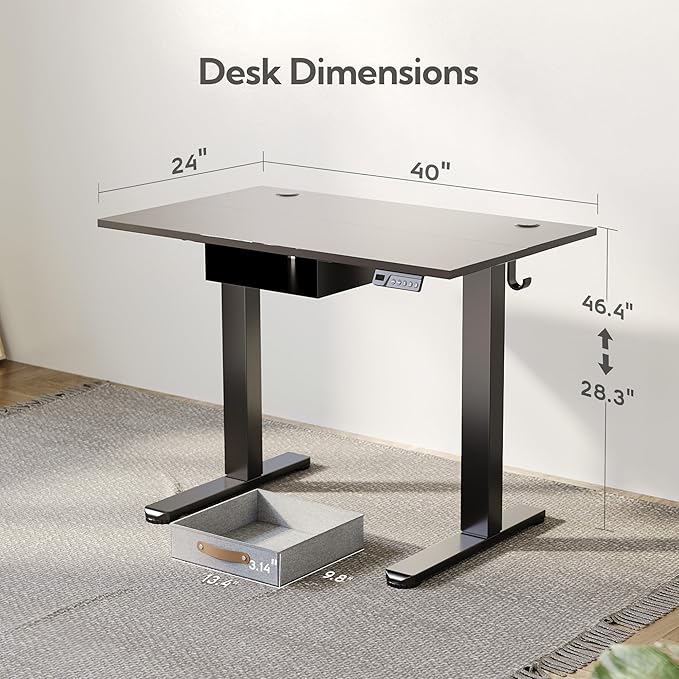 Seang Standing Desk with Drawer, 40" x 24" Height Adjustable Stand Up Desk, 3 Memory Height Settings with Cable Grommets & Storage Hooks, Ideal for Home & Office, Black