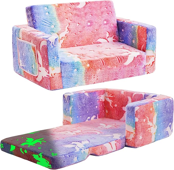 Toddler Chair Comfy,2-in-1 Soft Toddler Couch Fold Out for Kids,Convertible Sofa to Lounger,Gift for Girls and Boys Birthday,Elf,Large