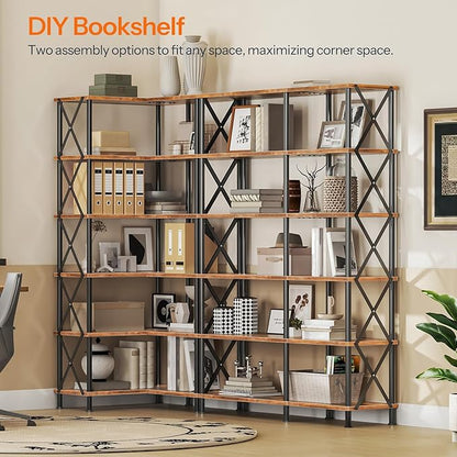 HOOBRO Corner Bookshelf, 6-Tier L-Shaped Bookcase, Industrial Open Display Shelf Tall Storage Organizer, Vertical Storage Rack, for Living Room, Home Office, Rustic Brown and Black BF61SJ01