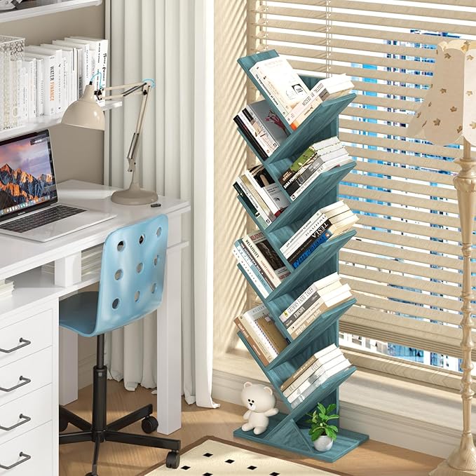10 Tier Tree Book Shelf, Floor Standing Wood Bookshelf for Narrow Space, Storage Organizer Bookshelves for Books/CDs/Magazine, Bookcase with Shelves for Home Office, Living Room - Blue