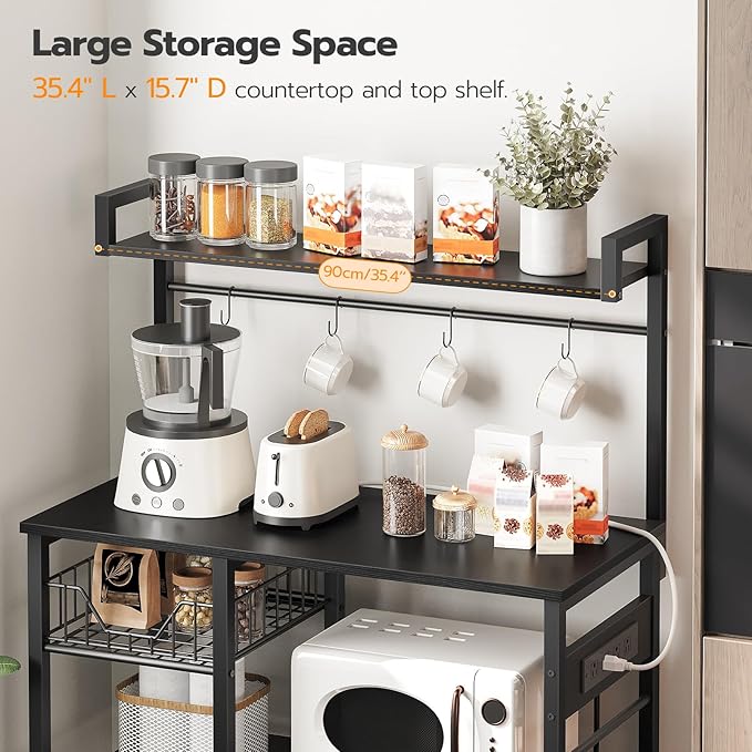 HOOBRO Kitchen Bakers Rack with Power Outlet, Coffee Bar, Microwave Oven Stand with Mesh Basket, Coffee Station with 4 S-Shaped Hook, Kitchen Shelf, for Dining Room, Living Room, Black BB05HB01