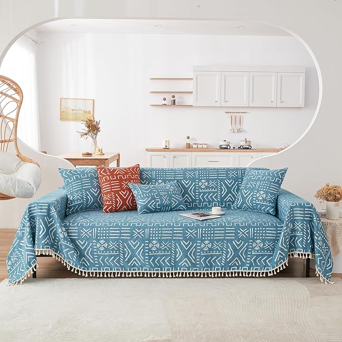 HANDONTIME Turquoise Couch Protector for Dogs Boho Tassel Blue Couch Cover Farmhouse Sofa Covers Aztec Tribal Couch Covers for 3 Cushion Couch Sofa Universal Sofa Slipcover for Home décor, 71" X118"