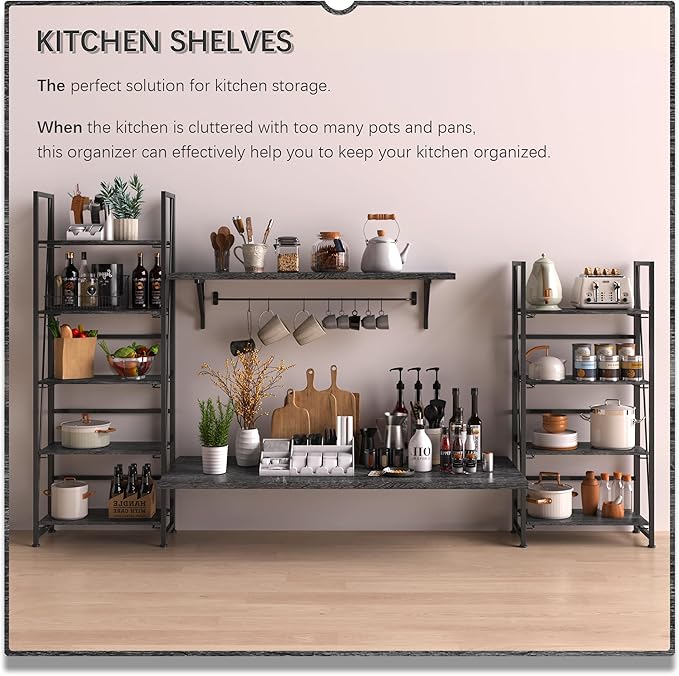 4NM No Assembly Folding Bookshelf, 5-Shelf 62.2" H Collapsible Foldable Bookcase Storage for Small Spaces, Gray and Black