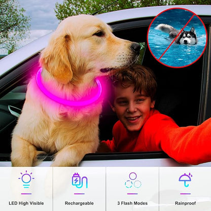 Light Up Dog Collar, USB Rechargeable Dlitk LED Dog Collar 1 Count, TPU Cuttable Glow Collar for Dogs, Dog Light for Large Medium Dogs Walking at Night (Pink)