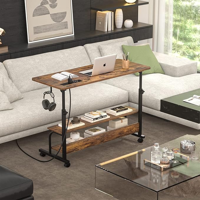 Armocity Height Adjustable Standing Desk with Power Outlets, 39" Manual Stand Up Desk with Storage Shelves Small Mobile Rolling Computer Desk Portable Laptop Table with Wheels for Home Office, Rustic