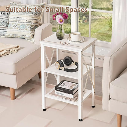 VECELO End Table Set of 2, Bedside Table, 24" Tall Living Room End Tables, X-Design Reinforced Nightstands, Side Table with 3-Tier Storage Shelves for Small Spaces, Office, Bedroom, Pearl White