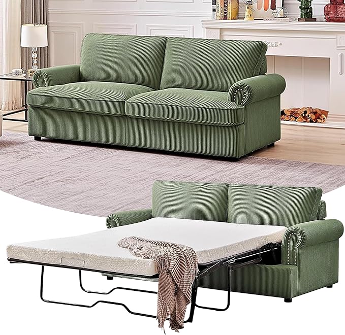 Reversible Sleeper Sofa Bed with Comfortable Memory Foam Mattress, Convertible Corduroy Full Size Pull Out Couch for Living Room, Space Saving Furniture, 72" Wide, Rounded Arms, Dark Green