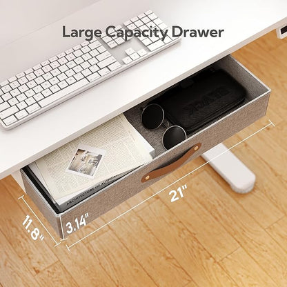 Seang Standing Desk with Drawer, 48" x 24" Height Adjustable Stand Up Desk, 3 Memory Height Settings with Cable Grommets & Storage Hooks, Ideal for Home & Office, White