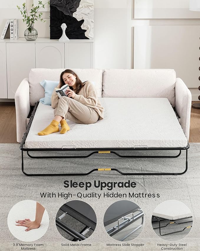 Queen Pull Out Sofa Bed, 2-in-1 Convertible Sleeper Sofa Couch with Memory Foam Mattress, 3-Seater Sofa Bed Queen with Arms for Living Room & Small Spaces, Beige