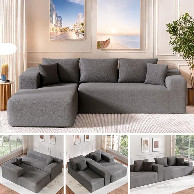 Cloud Sectional Couch, 104”L-Shape Oversized Sofa with Right Chaise Lounge, Modular Sleeper Couch with Pillows & Deep Seat, Rain Drop Velvet Fabric Compressed Sofa for Living Room, Light Gray