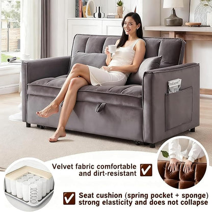3 in1 Sofa Bed, Pull-Out Sleeper Sofa Bed with 3-Level Adjustable Backrest, Velvet Fabric Convertible Love Seat Sleepers Beds for Living Room & Bedroom & Apartment, Grey