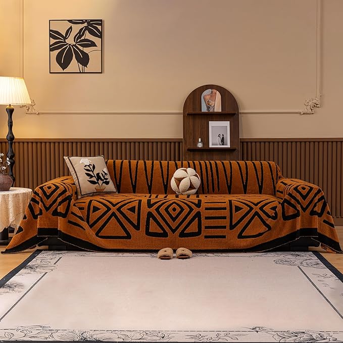 HANDONTIME Sofa Covers for Couch Pet-Friendly Caramel Black Couch Cover for Dogs Shu Velveteen Short Plush Sofa Covers for 3 Cushion Boho Brunt Orange Furniture Protector Washable, 71" X134"